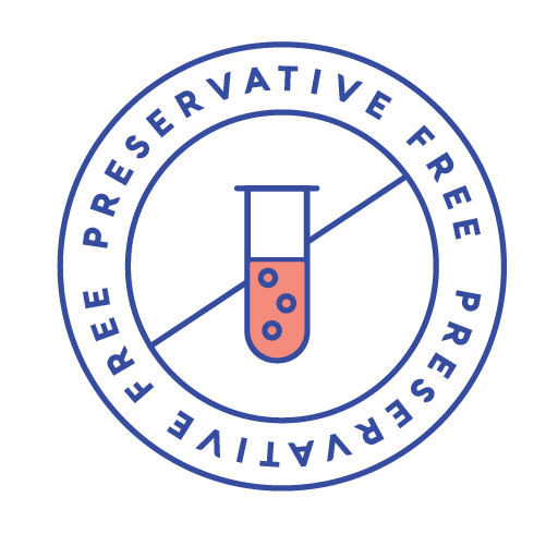 Flat circular outlined logo with clinical test tube icon at the center and with 'PRESERVATIVE FREE' words at the top and bottom of the circle