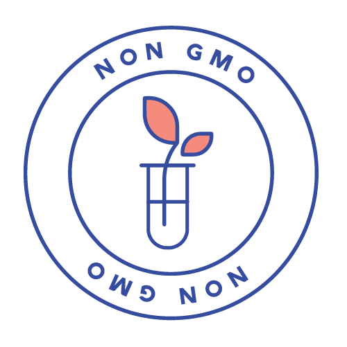 Flat circular outlined logo with plant in a clinical test tube icon at the center and with 'NON GMO' words at the top and bottom of the circle